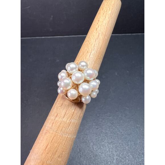 Vintage 14K Gold Cluster Pearl Cocktail Ring – Mid Century Dome Design- size 6 - Picture 13 of 16
